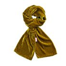 A mustard yellow velvet scarf, styled in a loose knot, displayed against a solid white background.