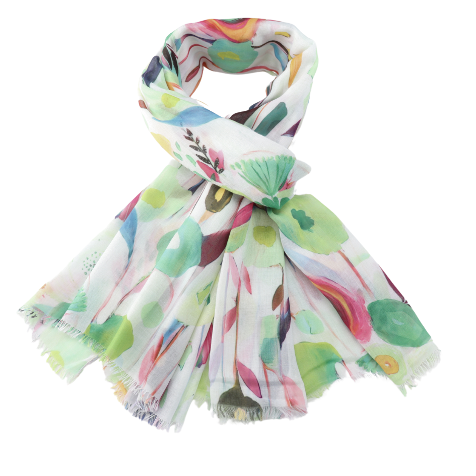 Colorful floral-patterned scarf on a white background