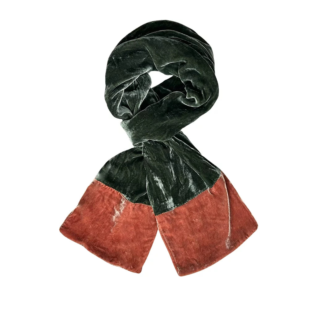 Silk Velvet Scarf with Contrasting Ends - Dark Sage