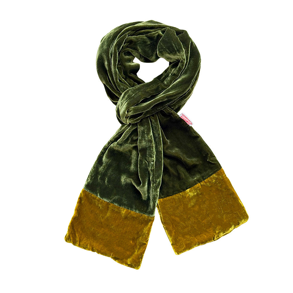 Silk Velvet Scarf with Contrasting Ends - Dark Olive