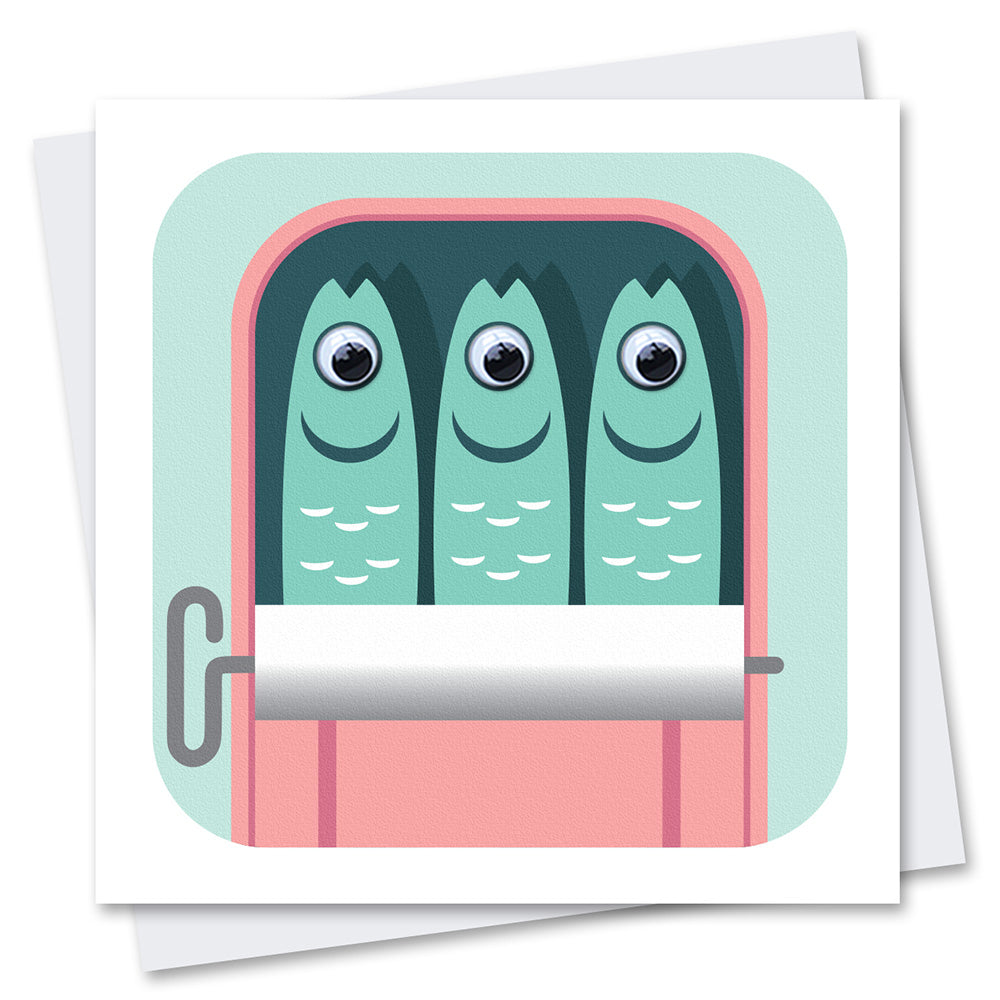 Illustrated greeting card featuring three sardines with googly eyes in a pink tin with aqua blue coloured background and white border. 