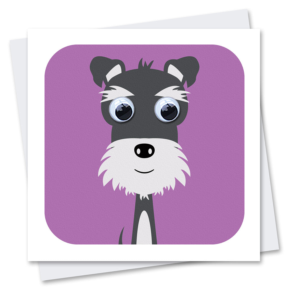Illustrated greeting card featuring a schnauzer dog with googly eyes on a purple background with a white border. 