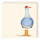 Illustrated card featuring a seagull wearing yellow wellington boots, a blue and white striped breton top and a red hat. 