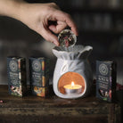 Hand placing a diffuser disc into an oil burner with various diffuser boxes on a wooden surface.