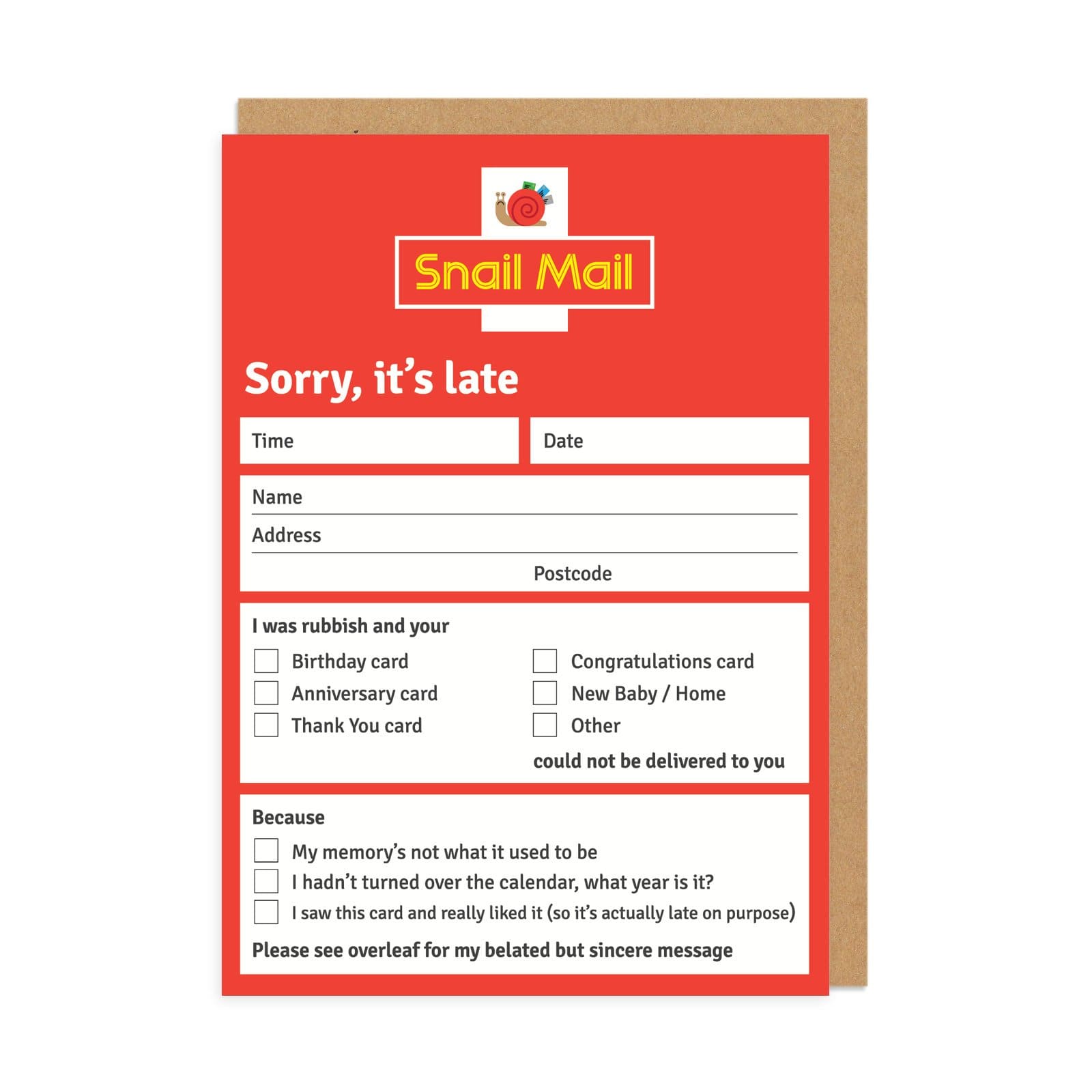 Card in the style of a “sorry we missed you” post slip in red and white. 