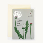 Card with an illustration of a dandelion clock and text 'Sorry for your loss' on a grey background with off-white envelope.