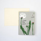 Greeting card with dandelion illustration and text 'Sorry for your loss' on a white background