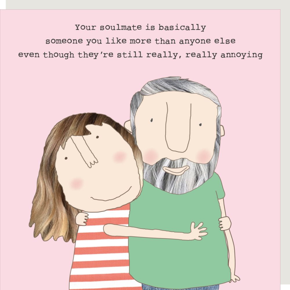 Illustration of a couple hugging with a humorous quote about a soulmate on a pink background