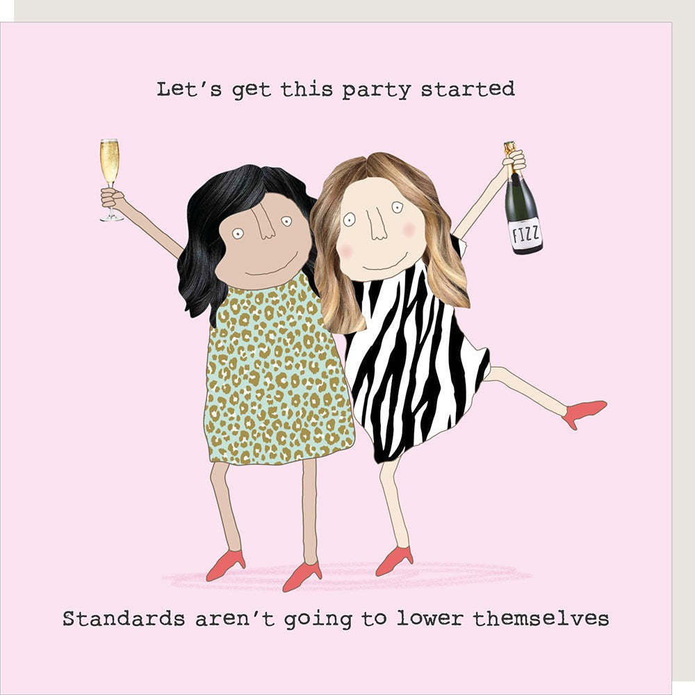 Cartoon of two women celebrating with champagne and a bottle labeled 'Fizz' on a pink background.