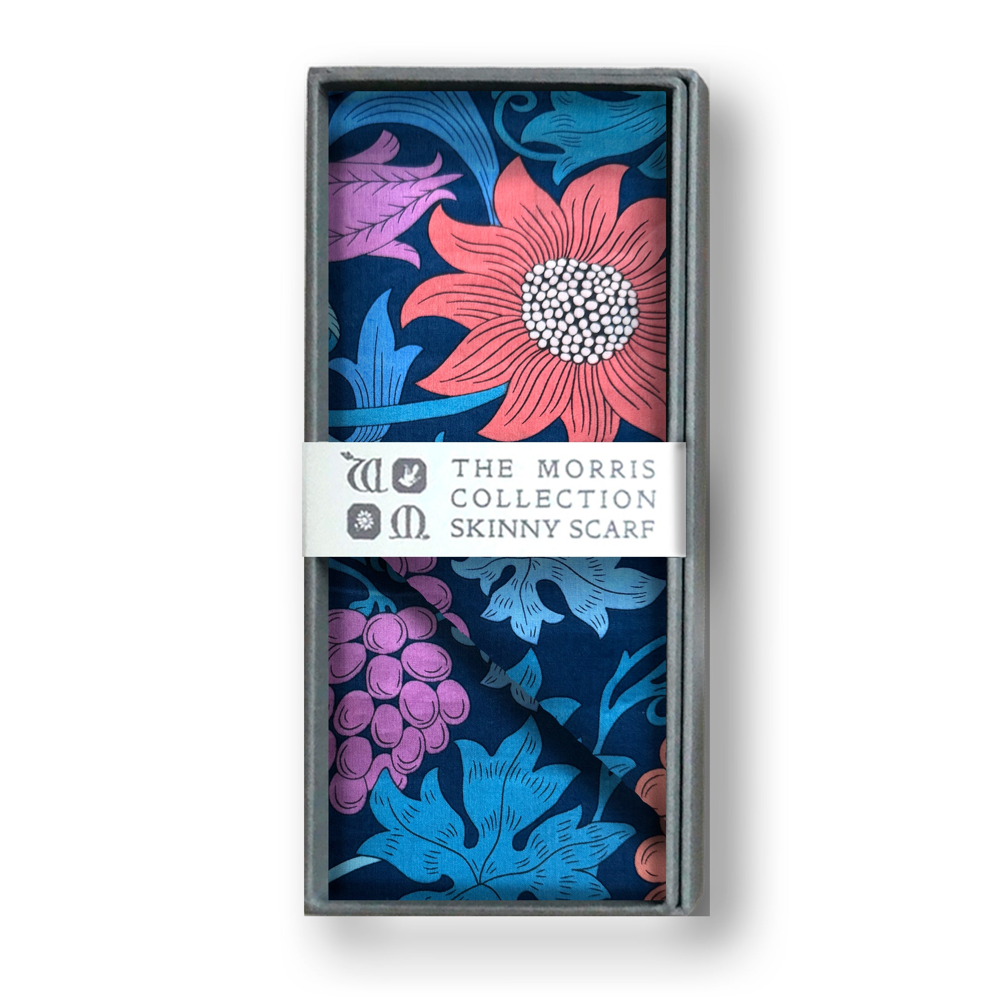Packaged scarf with floral design and 'The Morris Collection' branding on a white background
