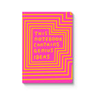 Notebook with pink and yellow geometric design and text on a white background