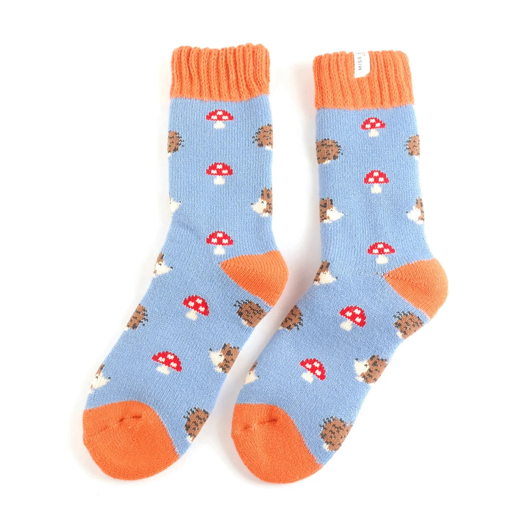 Winter Hedgehogs & Toadstools Cornflower Socks