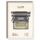Vintage-style typewriter illustration on a beige background with text