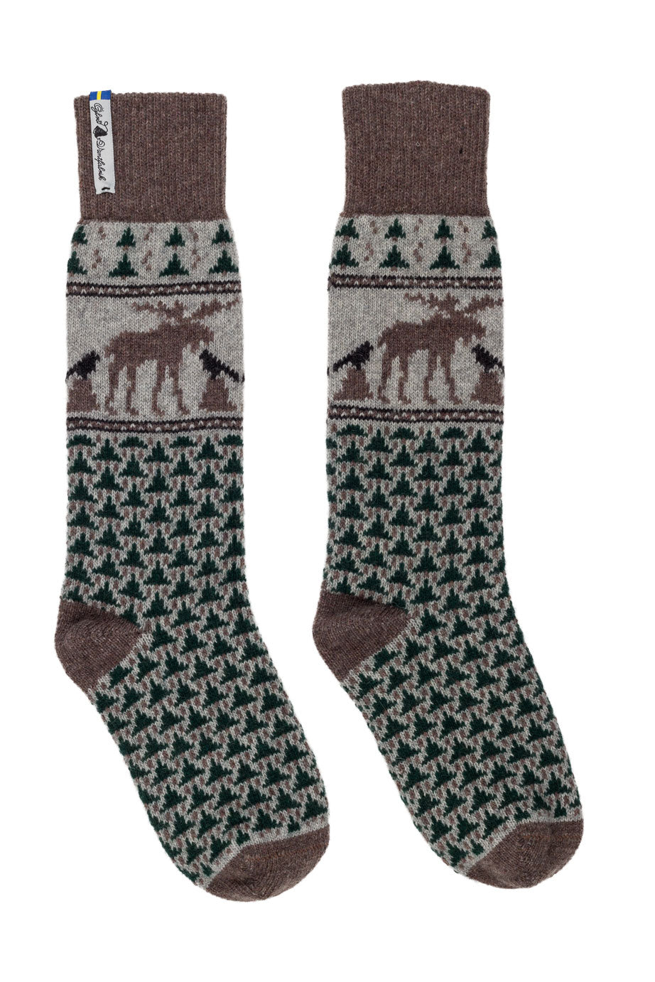 A pair of crew socks with a brown and beige houndstooth pattern, featuring a moose design in the middle and a small white brand tag near the cuff.
