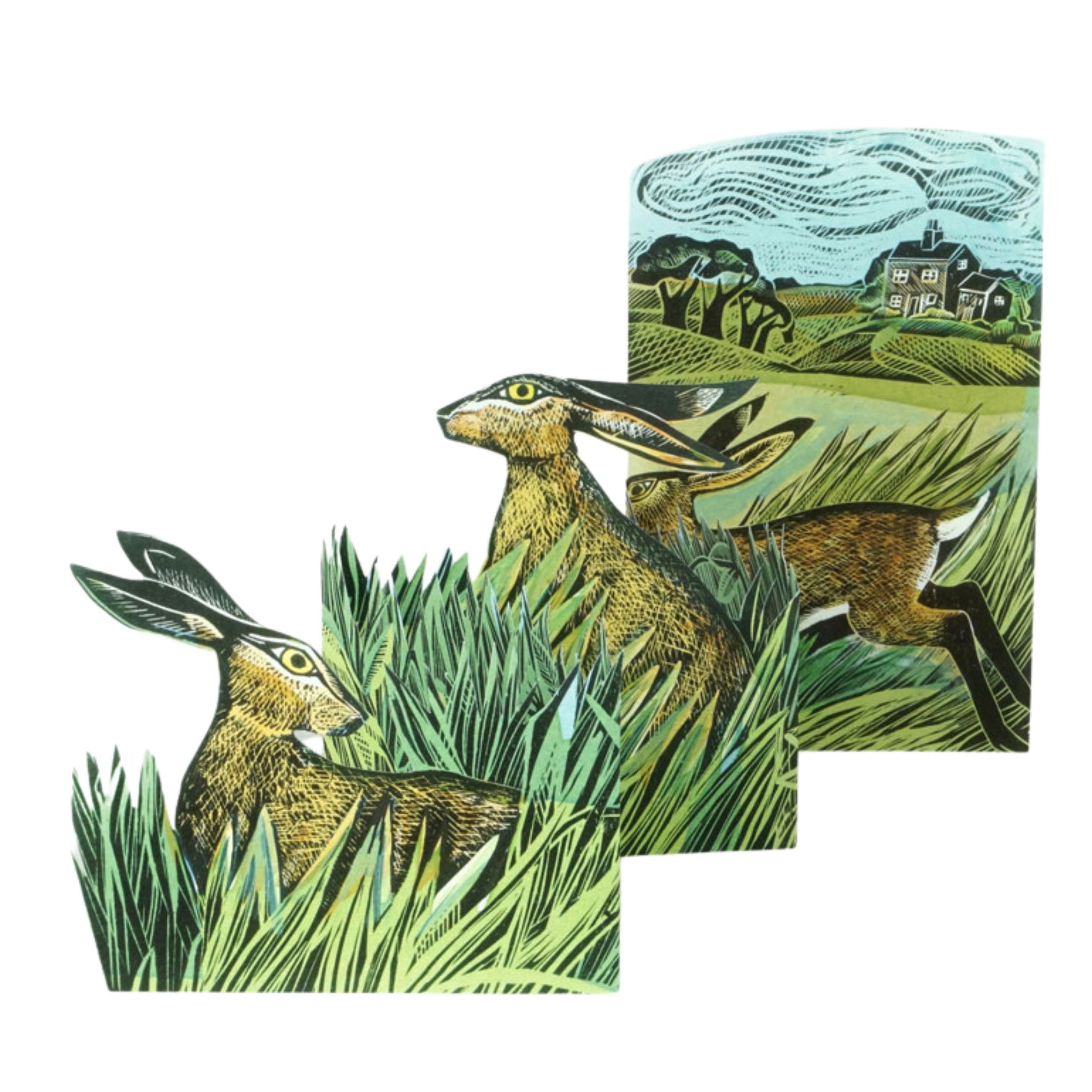 Hares and Open Fields trifold greetings card designed by Angela Harding. 