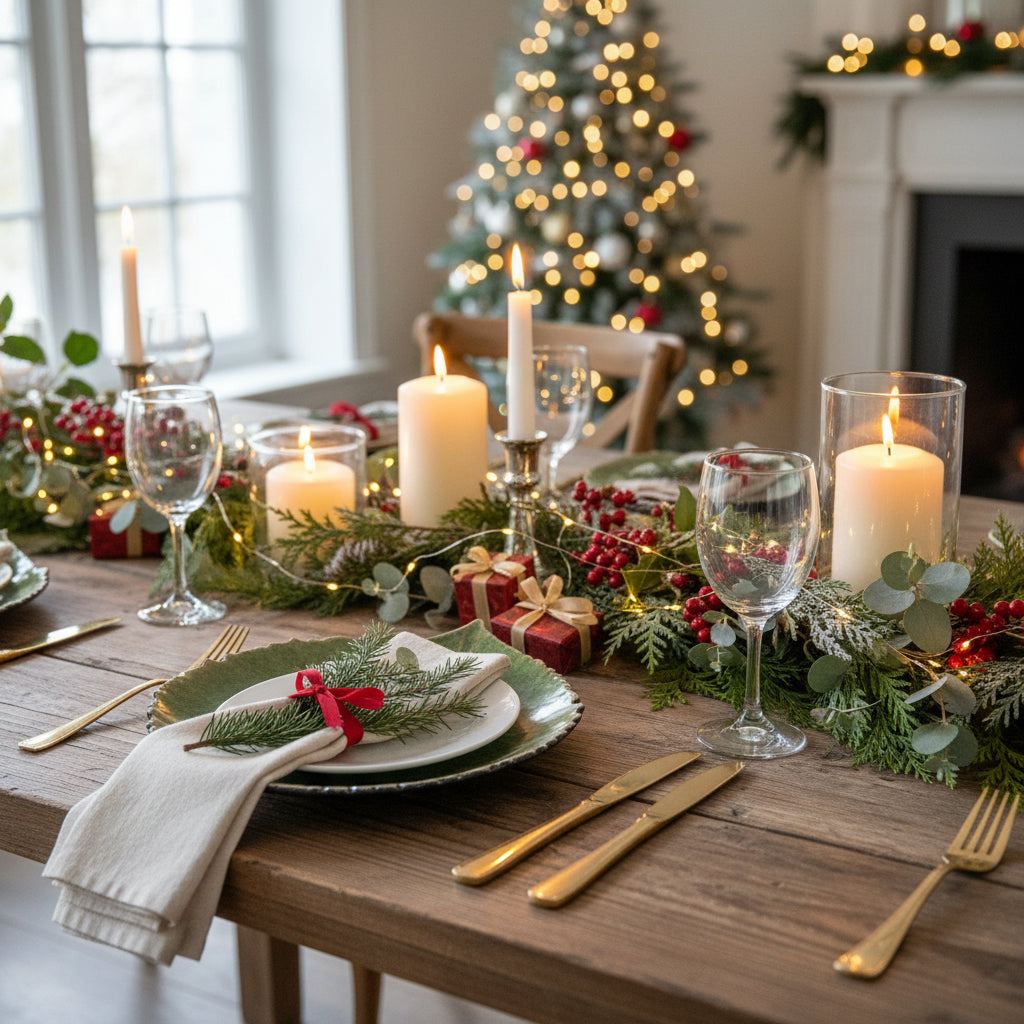 Decorated Christmas table with candles, greenery, and a tree in the background.