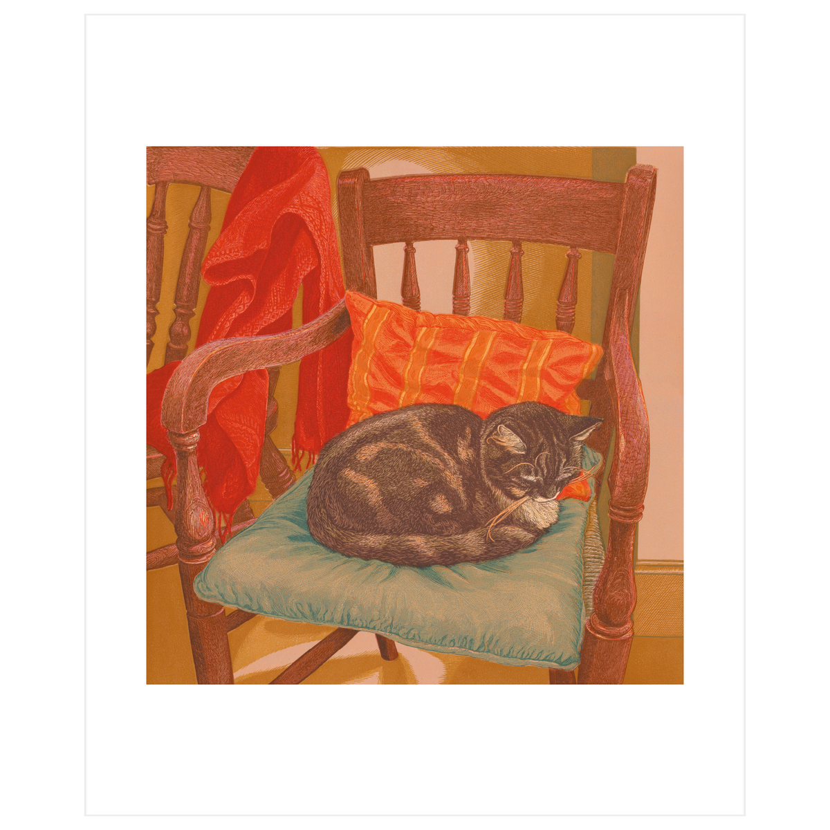 A square art print featuring a cozy illustration of a gray tabby cat curled up asleep on a teal cushion with an orange striped pillow, set against a warm-toned interior background with a red draped blanket.