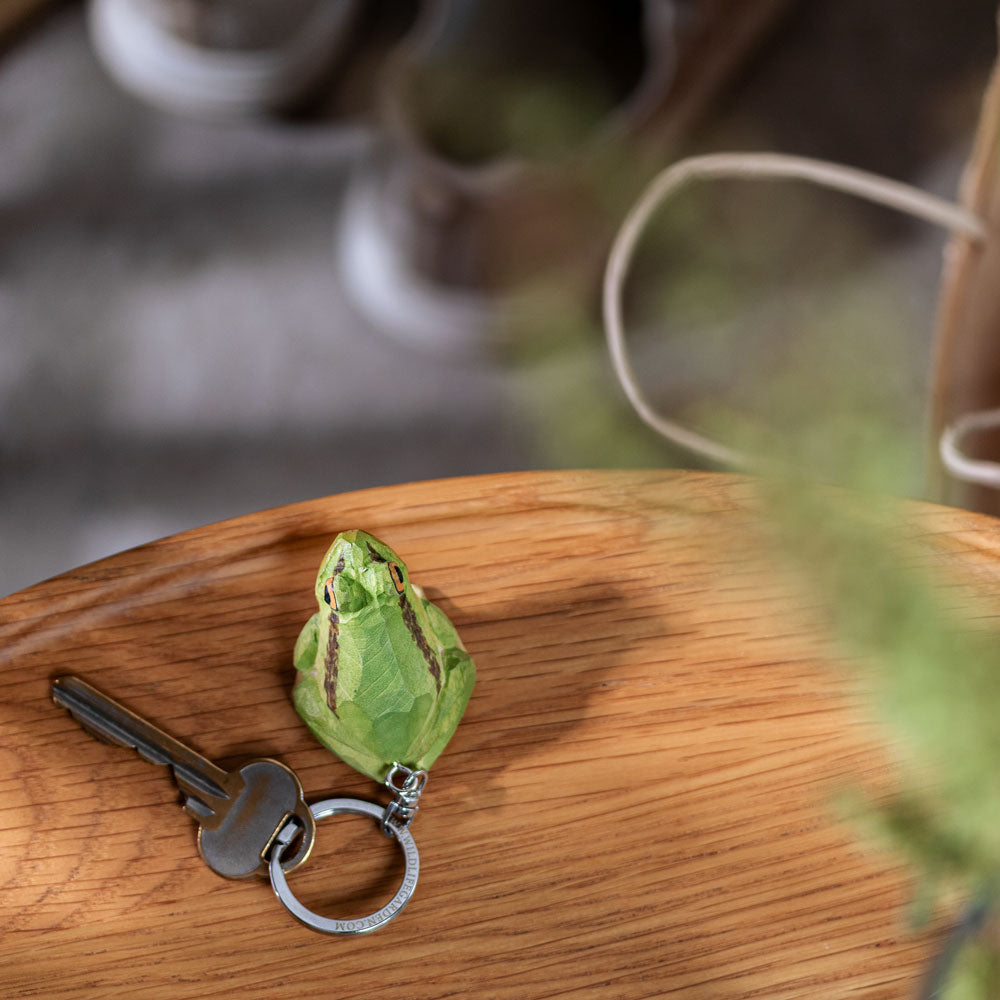 A green frog-shaped keychain with a metal keyring and attached keys, resting on a wooden surface with a softly blurred background.