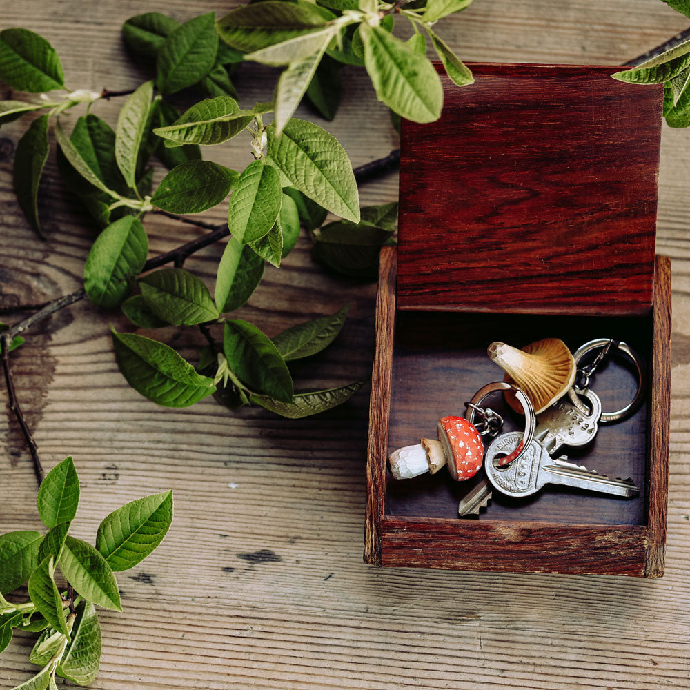 Wooden keychain with keys and a mushroom charm in a wooden box on a wooden surface with green leaves.