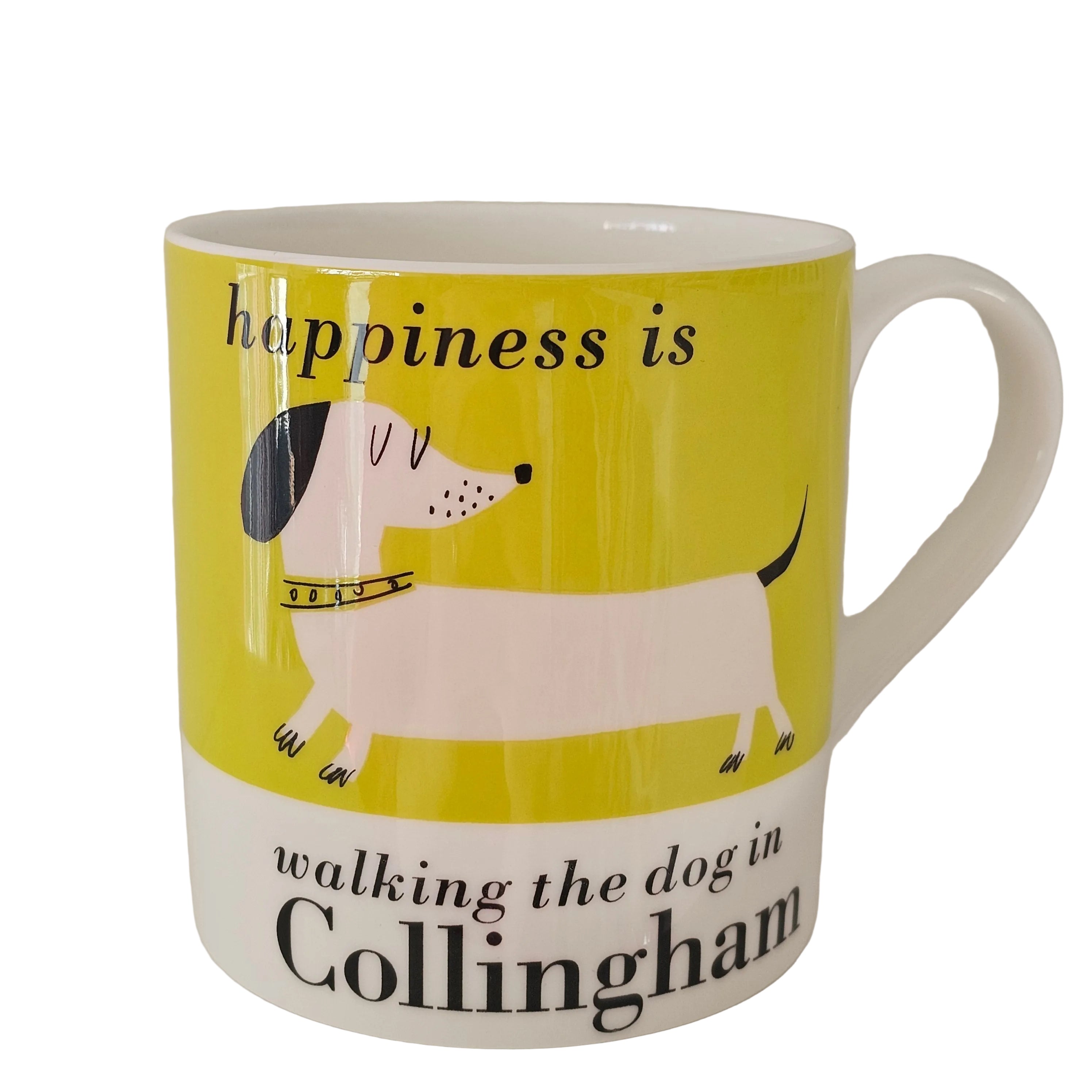 Mug with a design of a white dachshund dog and text 'happiness is walking the dog in Collingham' on a yellow background.
