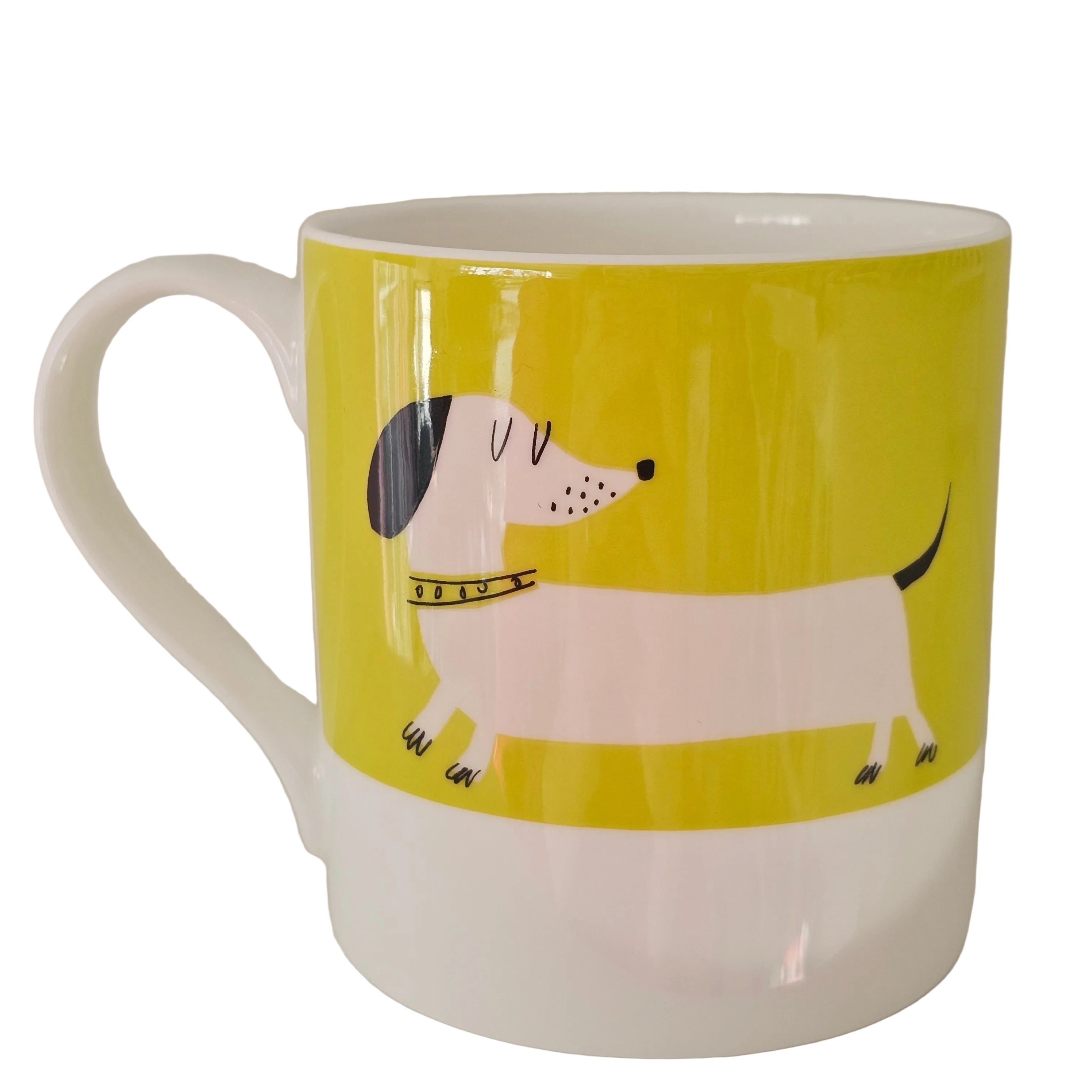 Mug with a green design of a white dachshund dog on a white background