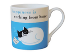 Mug with a cat illustration on a blue background and text 'happiness is working from home' shown displayed on a plain background
