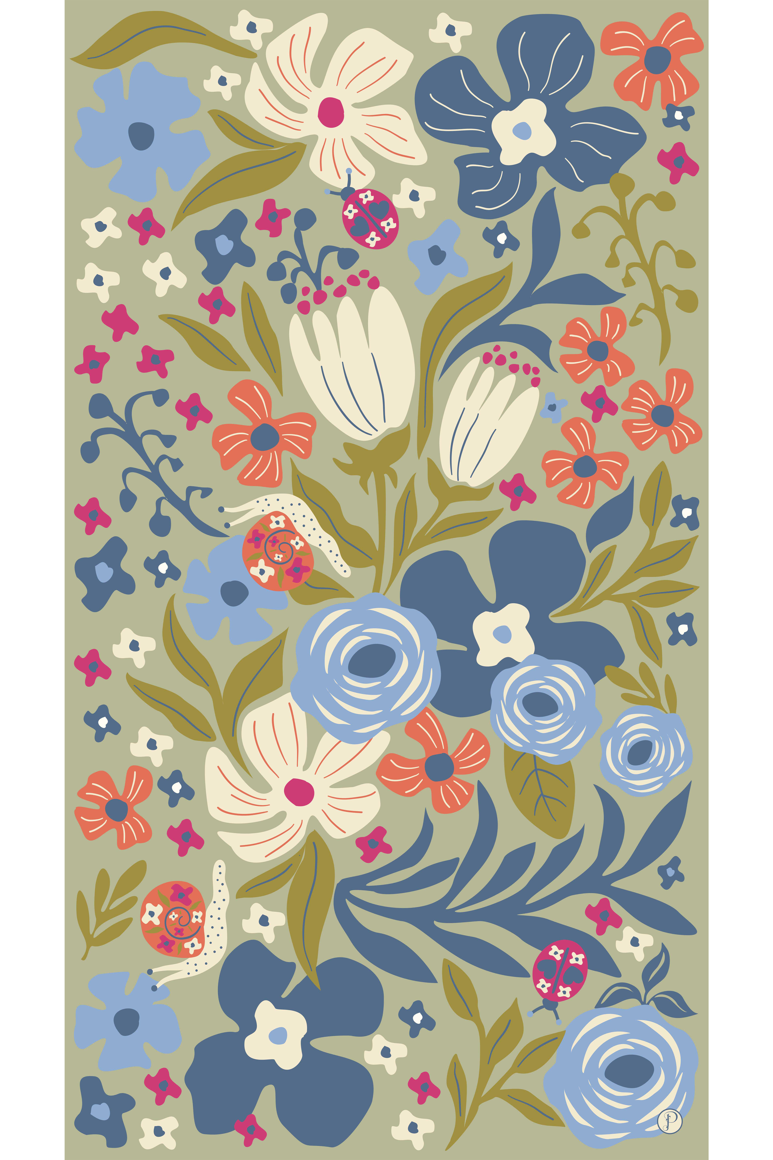Printed Scarf - Garden Friends in Wild Flowers: Green