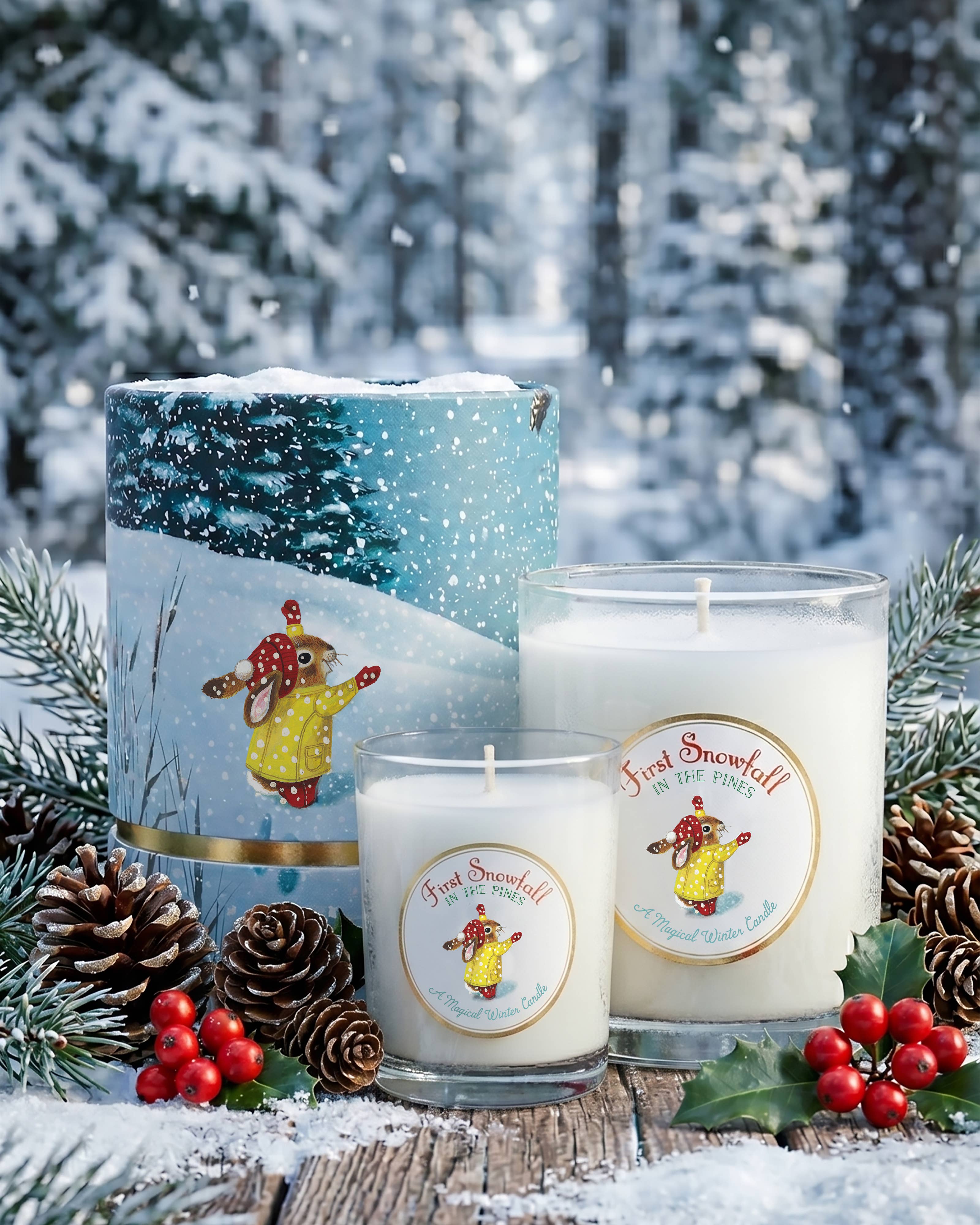 Candle with a winter scene label in a snowy forest setting