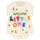 Baby onesie with 'Welcome Little One' text on a white background