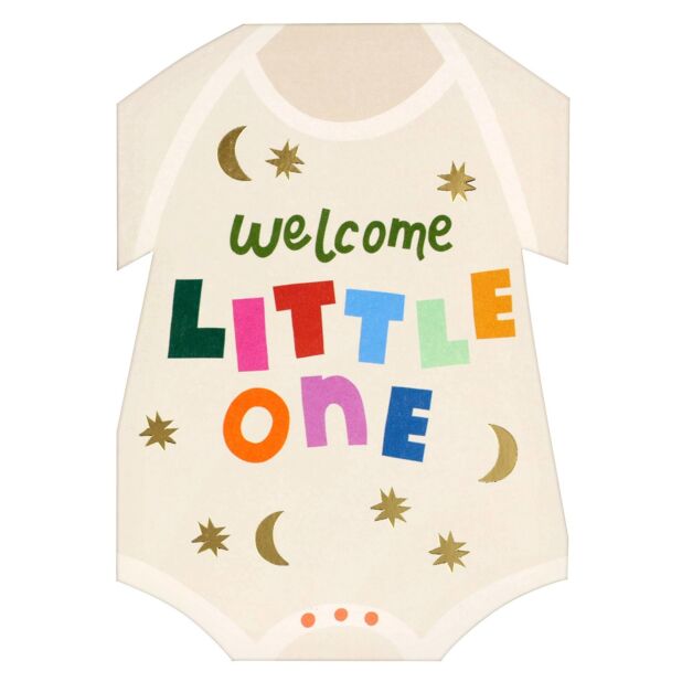 Baby onesie with 'Welcome Little One' text on a white background