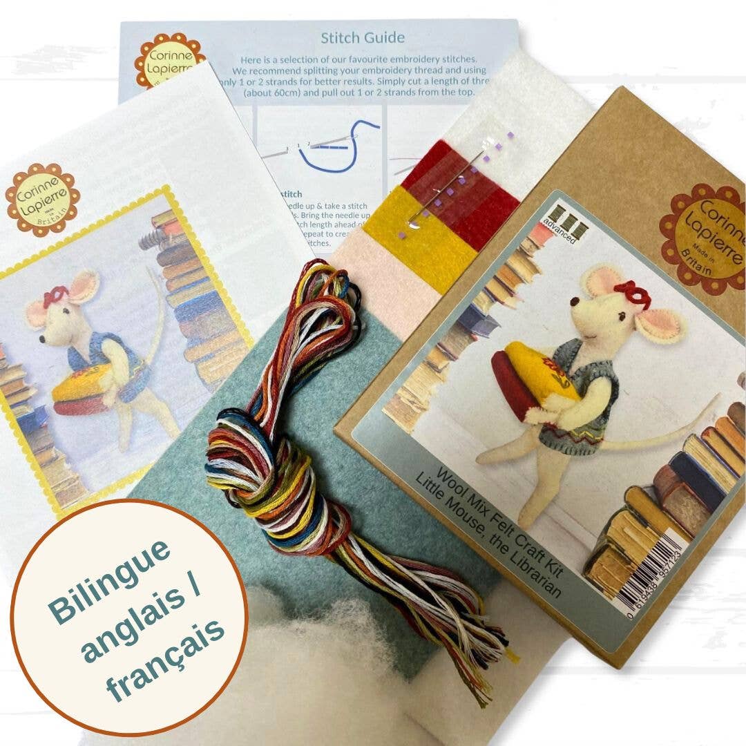 Craft kit with mouse toy, yarn, and instructions on a white background