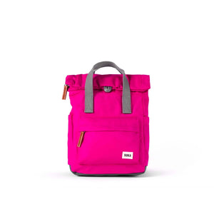 Photo showing the front of a small bright pink coloured backpack. There is a large pocket on the front with a brown zip pull, and the handles are grey.