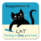 A square coaster with a black cat illustration and the text 'Happiness is being a dog person' in a bold, white font. The coaster has a blue background with a white border.
