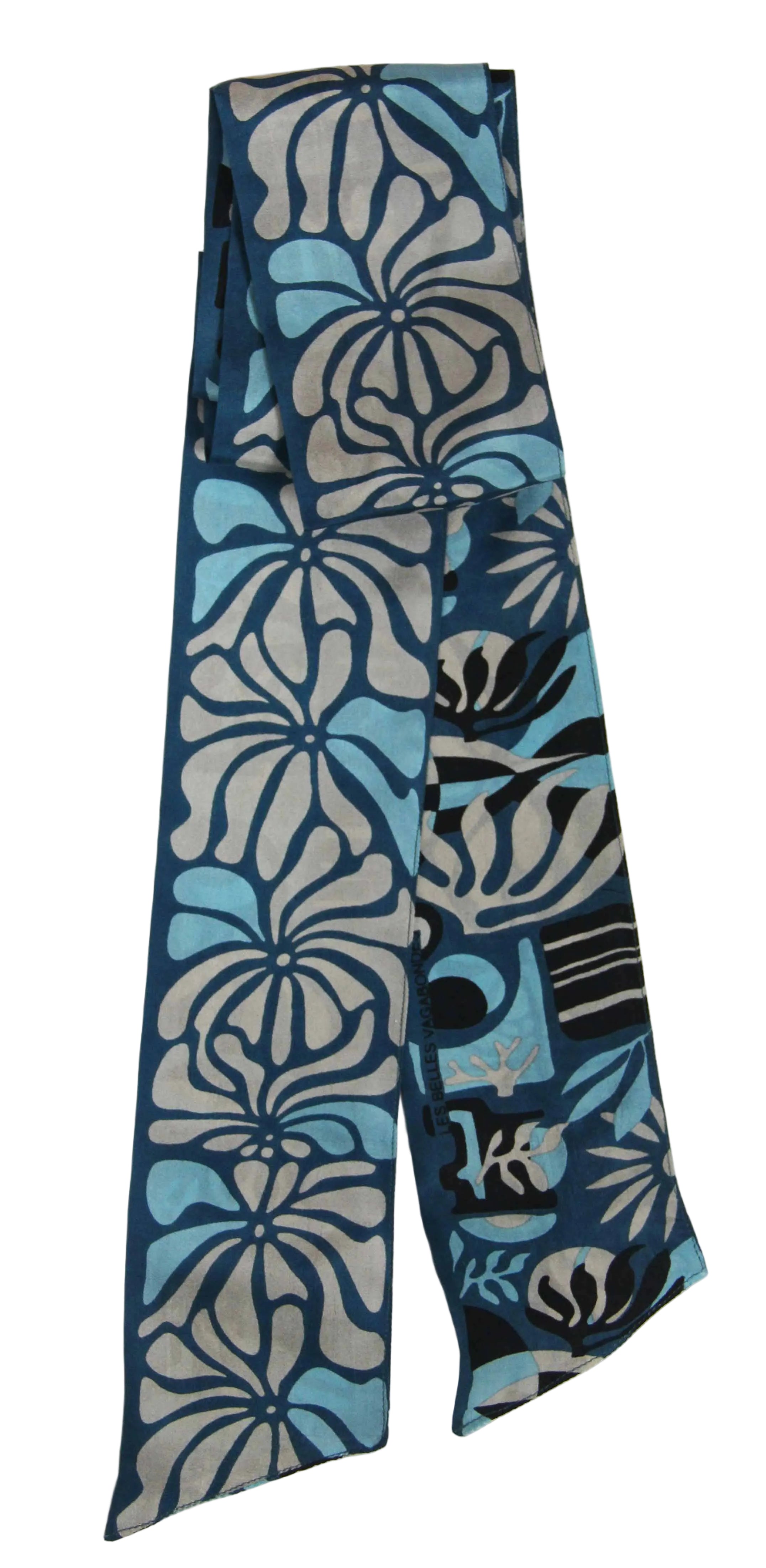 Blue and gray patterned scarf on a white background