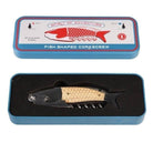 Fish-shaped corkscrew in a blue box with a red fish illustration on a white background