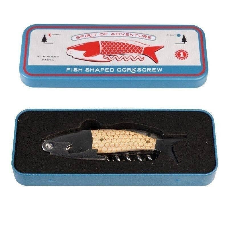 Fish-shaped corkscrew in a blue box with a red fish illustration on a white background