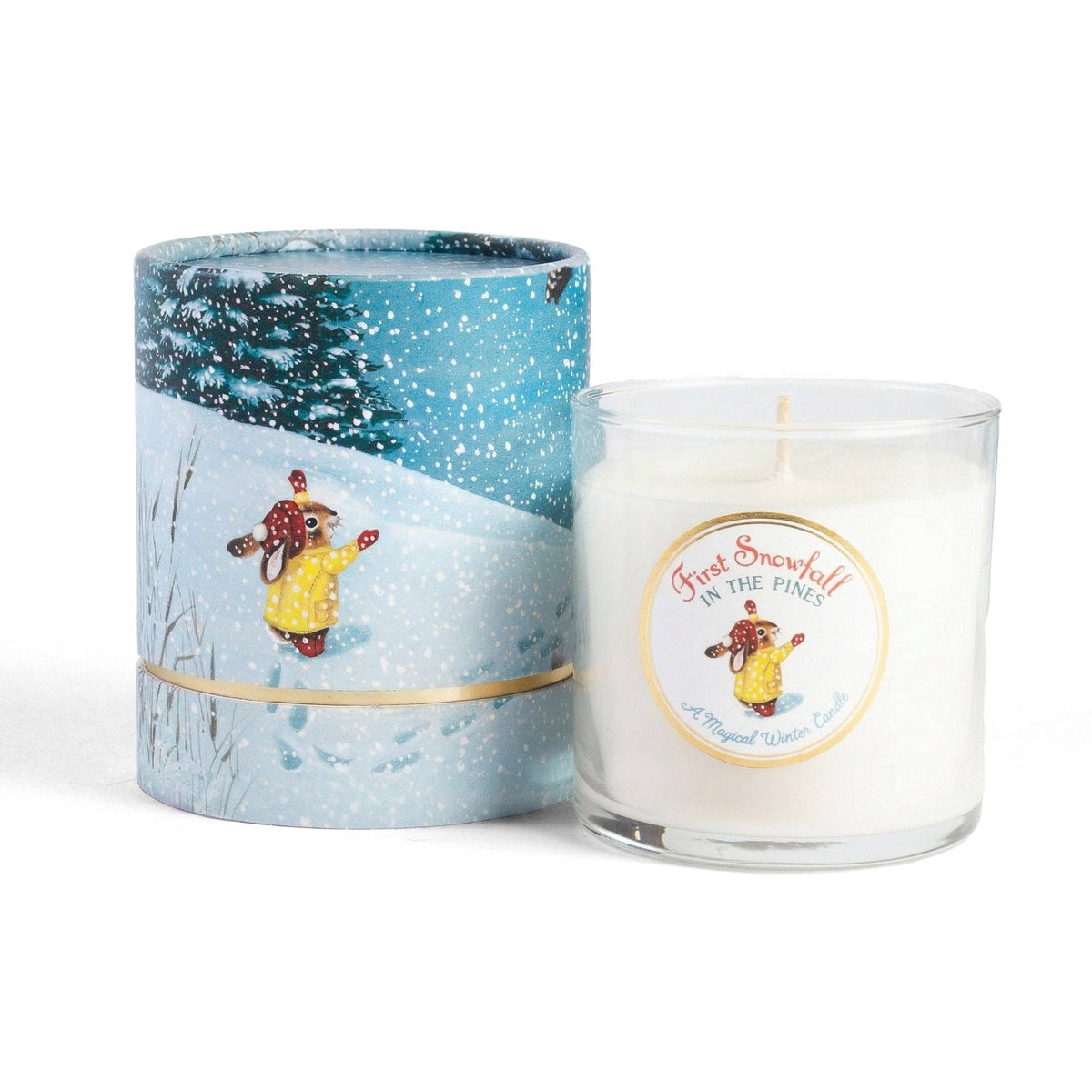 Candle with a decorative tube packaging featuring a winter scene and character.