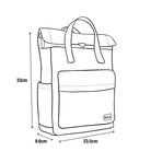 Diagram showing the dimensions of a small backpack. The height is 33 centimetres, the depth is 9.6 centimetres and the width is 23.5 centimetres.