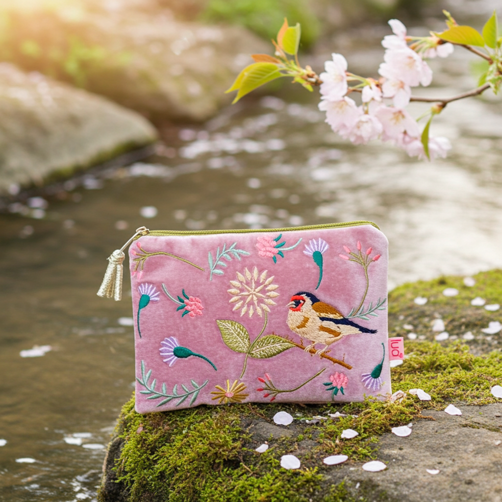 Pink embroidered pouch with floral and bird design on a stone by a stream with cherry blossoms.