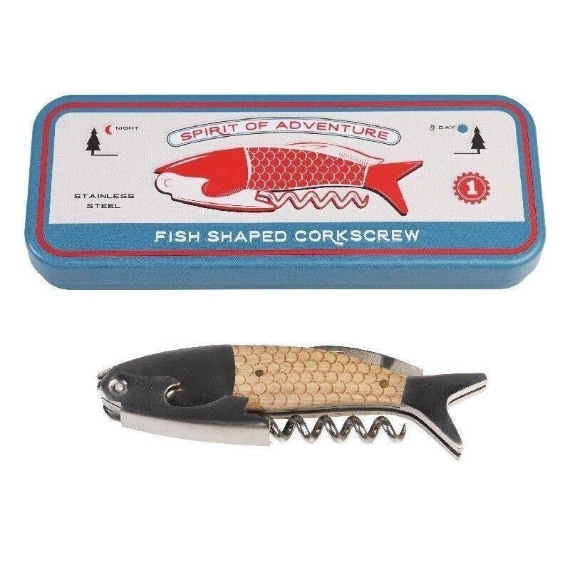 Fish-shaped corkscrew with packaging labeled 'Spirit of Adventure' on a white background