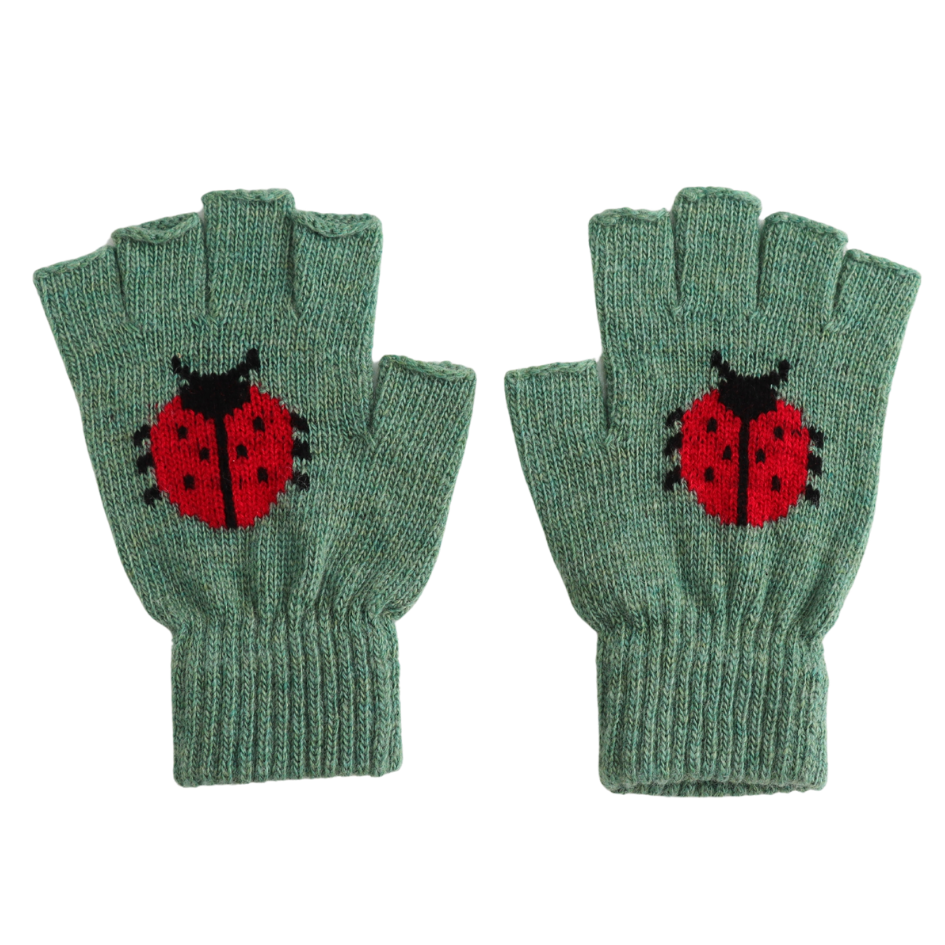 A pair of green fingerless knit gloves with a red and black ladybug design on the back of each hand, displayed against a plain white background.