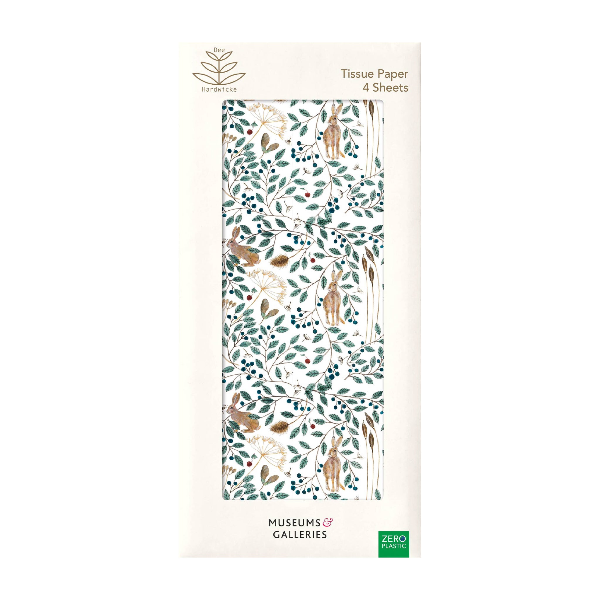 packet of tissue paper with green and brown floral pattern with hares and berries