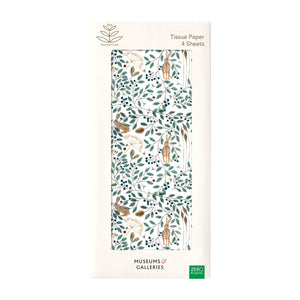 packet of tissue paper with green and brown floral pattern with hares and berries