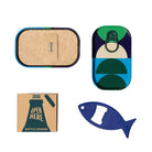 Collection of items including a small box, a bottle opener, and a fish-shaped object on a white background.