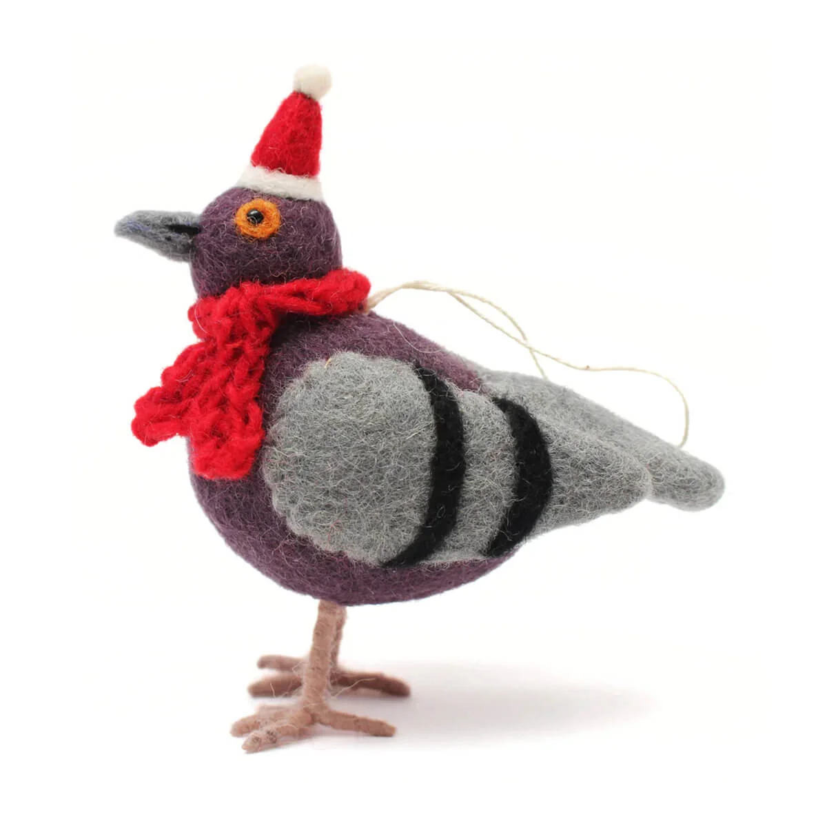 A felted wool Christmas ornament shaped like a pigeon, decorated with a red knit scarf, a red and white Santa hat, and a thin hanging string, shown on a white background.