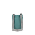 A photo of the back of a small rectangular sage green pocket bag. It has a pocket and grey straps.