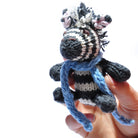 Hand Knitted Organic Cotton Zebra Baby Soft Toy with Blue Scarf