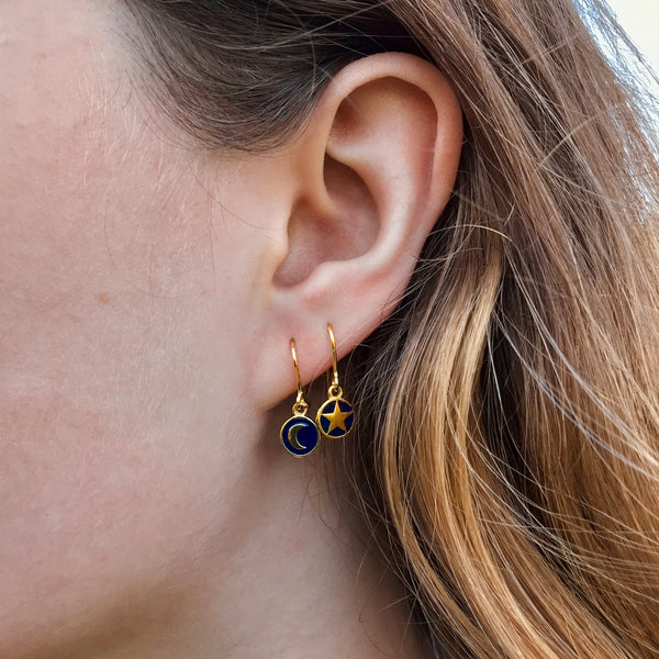 Mini Moon and Star Enamel Hook Earrings