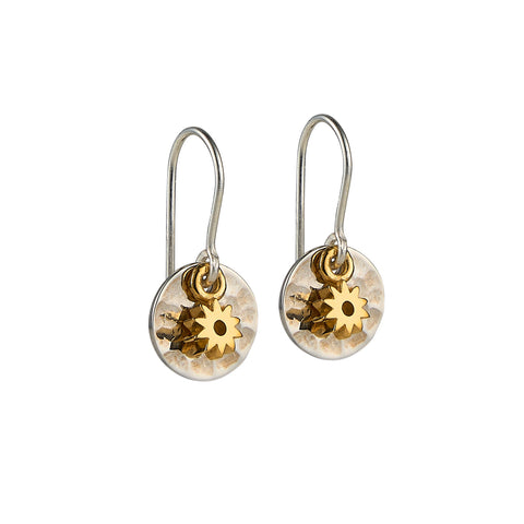 Hammered Mini Disc Hook Earrings with Mini Gold Vermeil Flowers