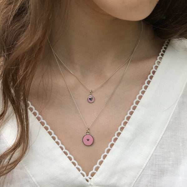 Powder Pink Heart Enamel Necklace Sterling Silver